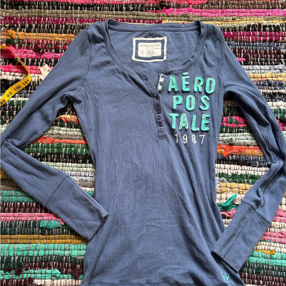 Aeropostale Navy Henley with Green Logo